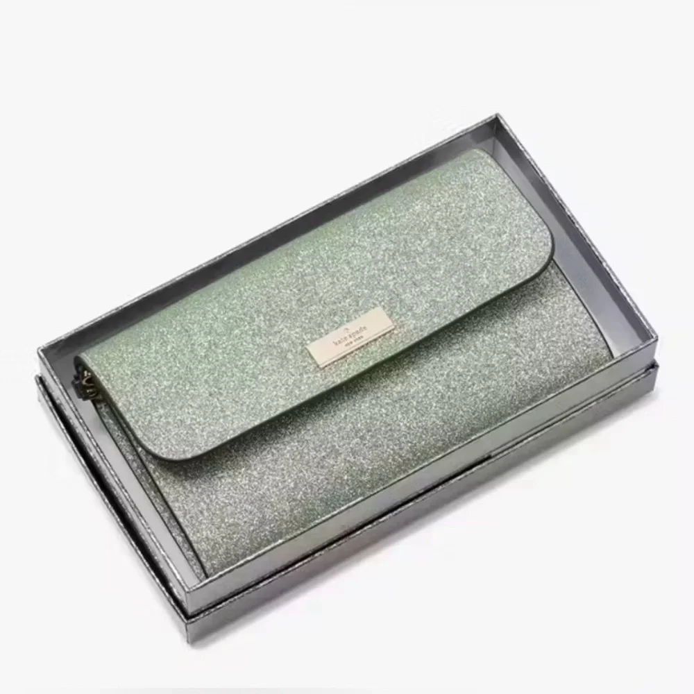 Kate Spade mint Glitter Kenzie medium flap Clutch with wristlet strap NEW IN BOX